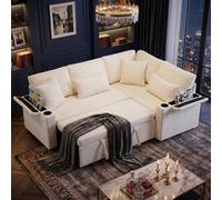 Fenchilin L-Shaped Sofa Bed With Pull-Out Sleeper Chaise Storage Armrest Storage Charging Cup Holder Beige