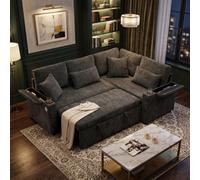 Fenchilin L-Shaped Sofa Bed With Pull-Out Sleeper Chaise Storage Armrest Storage Charging Cup Holder Grey