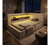 Fenchilin Led Daybed Frame With Hydraulic Storage Charging Station Beige Linen Upholstered Slatted & Metal Single Sofa Bed Frame