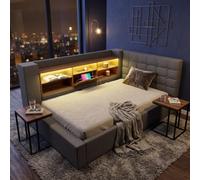 Fenchilin Led Daybed Frame With Hydraulic Storage Charging Station Grey Linen Upholstered Slatted & Metal Single Sofa Bed Frame