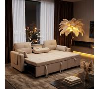 Fenchilin Sofa Bed With Pull-Out Sleeper Reversible Chaise Drop-Down Cup Holder Side Pockets Beige
