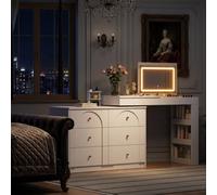 Fenchilin Structure-Rotatable Dressing Table With Led Lighting Flip Mirror, 7 Drawers Makeup Desk With Side Storage