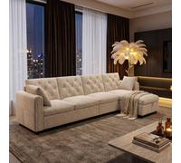 Fenchilin Velvet L-Shaped Sectional Sofa With Reversible Storage Chaise Button-Tufted Backrest Side Pockets Beige
