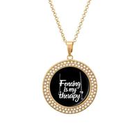 Fencing Is My Therapy Round Pendant Necklace Diamond Edging Brilliant Personalized Jewelry Gifts for Women Golden-style