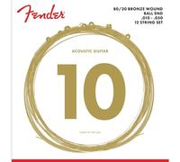 Fender 80/20 Bronze Acoustic Guitar Strings for 12-string Guitar, Ball End, 70-12L .010-.050 Gauges, (12)