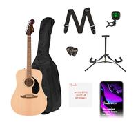 Fender California Debut Redondo Drednought Acoustic Guitar Pack in Natural. Includes a gig bag, a strap, picks, a guitar stand, clip-on tuner, Play and an extra set of strings.