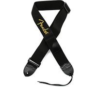 Fender Embroidered Logo Guitar Strap, Pick Pocket, Black/Yellow, 2" | Electric guitar strap, 2-inch wide polyester, reinforced leather ends, built-in pick storage pocket, black and yellow