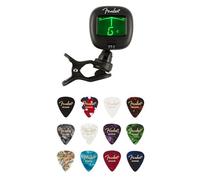 Fender FT-1 Pro Clip-On Tuner and 12 Medium 351 Celluloid Picks - Complete Bundle for Guitarists & Ukulele Players