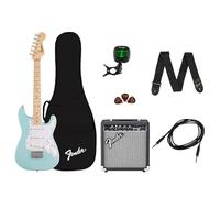 Fender Mini Stratocaster Beginner Electric Guitar Kit with Amp, Daphne Blue | Includes Frontman 10G amp, padded gig bag, strap, cable, tuner, picks, 2-year warranty, kids and adults
