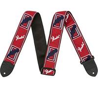 Fender Monogrammed Strap, Fully adjustable length (36",58"), Red/Black/Blue | Guitar Strap for Electric Guitar and Acoustic Guitar Woven Fender Logo Patriotic Red, White and Blue Leather Ends