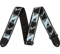 Fender Monogrammed Woven Guitar Strap, Leather Ends, 2", Black/Blue | Electric & acoustic guitar strap, woven Fender logo, polyester backing, adjustable 2-inch wide, guitar accessories
