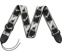 Fender Monogrammed Woven Guitar Strap, Leather Ends, 2", Black/Grey | Electric & acoustic compatible, woven Fender logo, polyester body, durable leather ends, 2-inch wide, adjustable, gig-ready