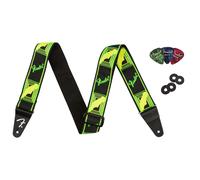 Fender Neon Monogrammed 2-Inch Guitar Strap - Green and Yellow Bundle with Strap Blocks and Picks