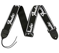 Fender Running Logo Guitar Strap, Adjustable 30 to 51 Inches, Reinforced Leather Ends, Comfortable 5cm Wide Polyester, Classic Black with White Stitching
