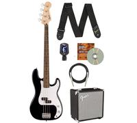 Fender Squier Sonic Precision Bass Guitar, Laurel Fingerboard - Black Bundle with Rumble 15 Bass Amplifier, Cable, Tuner, Strap and Austin Bazaar Instruction DVD