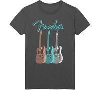 (L, Charcoal) Fender T Shirt Triple Guitar Logo new Official Mens Charcoal Grey