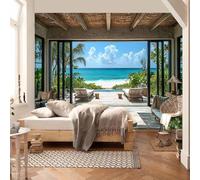 FENDROM Beach Decor Tapestry Ocean Sea Tropical Island Palm Tree Scenic View From Window Blue Sky,White Clouds Summer Tropical Scenery Wall Hanging Nature Tapestries For Bedroom Living Room Dorm