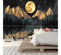 FENDROM Gold and Black Mountains Tapestry Watercolor Nature Forest Tree Wall Hanging Aesthetic Starry Night Moon Lake Reflection Woodland Abstract Wall Art for Living Room Bedroom Dorm