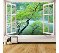 FENDROM Misty Lake Forest Tapestry Wall Hanging Nature Green Tree Landscape Window View Tapestries for Bedroom Living Room Dorm Decor