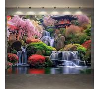 FENDROM Nature Japanese Aesthetic Pink Cherry Blossom Tree Tapestry Building On Mountains Waterfall River Wonderland Spring Asian Art Wall Hanging for Bedroom Living Room
