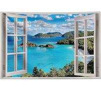 FENDROM Ocean Beach Tapestry Wall Hanging Blue Sea Tropic Island Paradise Summer Coconut Tree Palm Seaside Window Nature for Bedroom Aesthetic