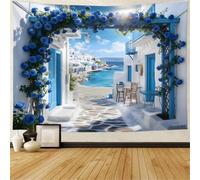 FENDROM Summer Blue Flower Tapestry Wall Hanging European Town Island Blue Ocean Wonderful View Tapestries Landscape Wall Decor Backdrop for Living Room Bedroom