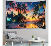 FENDROM Tropical Tapestry, Sunset Beach Ocean with Palm Tree Silhouette Fantasy Twilight Art Wall Hanging for Bedroom, Seaside Landscape Art Tapestries Bedroom Living Room Dorm Decor