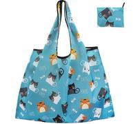 FenFang Reusable Shopping Bags Foldable, Extra Large Grocery Bag, Washable Eco Friendly Pocket Shopper Bag, Lightweight Handbag Tote Bag Portable Pouch for Travel Picnic, 56 X 67 cm (Blue Cat)