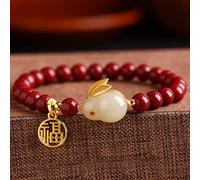 Feng Shui Amulet Cinnabar Crystal Rabbit Charm Gold-Plated Silver Pendant Natural Gems Stones Stretchy Beaded Women,Purple Cinnabar,6mm