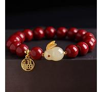 Feng Shui Amulet Cinnabar Crystal Rabbit Charm Gold-Plated Silver Pendant Natural Gems Stones Stretchy Beaded Women,Purple Cinnabar,10mm