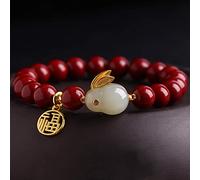 Feng Shui Amulet Cinnabar Crystal Rabbit Charm Gold-Plated Silver Pendant Natural Gems Stones Stretchy Beaded Women,Purple Cinnabar,8mm