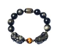 Feng Shui Bead Bracelet with Double Pixiu, Natural Gold Obsidian Bead Stretch Bracelet, Positive Energy Chinese Traditional Lucky Jewelry, Feng Shui Bracelets for Attract Wealth Good Luck, 16mm