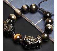 Feng Shui Black Obsidian Dragon Adjustable Wealth Talisman Reiki Crystal Chakra Quartz for Women Men,Gold Double,14mm