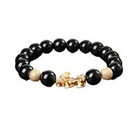 Feng Shui Black Obsidian Gold Piyao/Wealth Authentic Jewelry Chakra Crystal Amulet Lucky Wealth Ward Spirits Gifts for Women Men,14mm