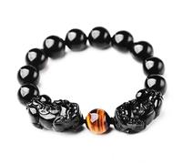 Feng Shui Black Obsidian Mascot Bracelet for Good Fortune | Natural Gemstone Amulet for Wealth and Protection | Unisex Design for Men and Women(12MM)