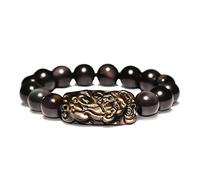 Feng Shui Black Obsidian, Natural Gold Obsidian Spiritual Chakra Amulet Lucky Adjustable Ward Off Evil Men Women, D,12mm