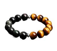Feng Shui Black Obsidian, Red Yellow Tiger Eye Bead Chain Wealth Amulet Charm Gradient Gemstones Crystal,12mm/Yellow Tiger Eye+Obsidian