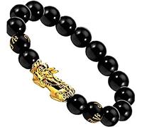 Feng Shui Black Obsidian Wealth Bracelet 12mm Beaded Pixiu Bracelets For Men Sanskrit Hand Carves Bands For Women Men Bracelets (12mm) Durability