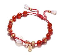 Feng Shui Bracelet,Agate Bracelet Feng Shui Wealth Bracelet White Agate Harmony Buckle Ancient Coin Carnelian Bracelet Longevity Gourd Charm Gold Foil Glaze Vintage Red Cord Bracelet Prosperity Jade D