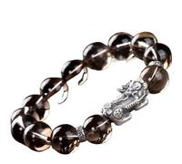 Feng Shui Bracelet,Feng Shui Pi Xiu Bracelet Smoky Quartz Pure Silver Pi Yao Wealth Bracelet Chakra Gems Crystal Bracelet Pi Yao Charm Amulet for Prosperity Success Luck Money Windfall(14mm)