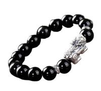 Feng Shui Bracelet,Feng Shui Wealth Bracelet Black Obsidian Bracelet Beaded Pure Silver pipi Crystal Bracelet Lucky Charm Tian Lu Auspicious Word Quartz Amulet Prosperity Money Luck