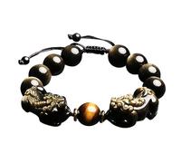 Feng Shui Bracelet,Golden Obsidian Bracelet Prosperity Double Pixiu Feng Shui Wealth Bracelet Talisman Positive Physical Energy Attrack Money Fortune Blessed Giftable for Men Women(14mm)