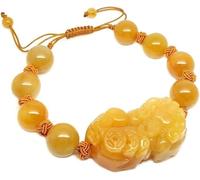 Feng Shui Bracelet, Natural Yellow Jade Pixiu Feng Shui Bracelet for Wealth, Adjustable Bracelet with Crystal, 10mm, Acetate, No Gemstone