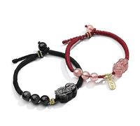 Feng Shui Bracelet,Obsidian Bracelet Feng Shui Wealth Bracelet Strawberry Quartz Charm Endless Love Knot Stone Bangle Chakra Balancing Gems Prosperity Money Windfall for Couples