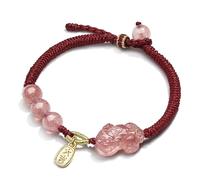 Feng Shui Bracelet,Obsidian Bracelet Feng Shui Wealth Bracelet Strawberry Quartz Charm Endless Love Knot Stone Bangle Chakra Balancing Gems Prosperity Money Windfall for Couples