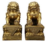 Feng Shui Brass Foo Dogs Statues Pair, Guardian Lion Figurines for Home Decor, Wealth and Prosperity Gift, Wards Off Evil Energy, Housewarming Congratulatory Decoration