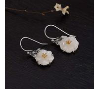 Feng Shui， Chinese Style Eardrop S925 Vintage Sterling Silver Earrings Embedded Nephrite White Jade Plum Flower Butterfly Women Earrings As Shown,