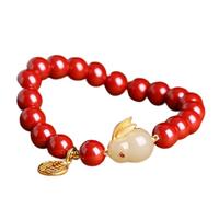 Feng Shui Cinnabar Crystal Bracelet with Rabbit Charm - Gold-Plated Silver Pendant - Natural Gemstone Stretchy Beaded Bracelet for Women(Red Cinnabar,8mm)