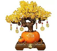 Feng Shui Citrine Money Tree with Persimmon Base, Lucky Chinese Coin Hanging Ornament, Wealth Prosperity Home Office Decor, Housewarming Gift(B)