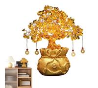 Feng Shui Crystal Money Tree with Citrine Gemstone - Fortune Bonsai for Wealth and Success - Shiny Coin Decor for Table, Desk, Shop, Home